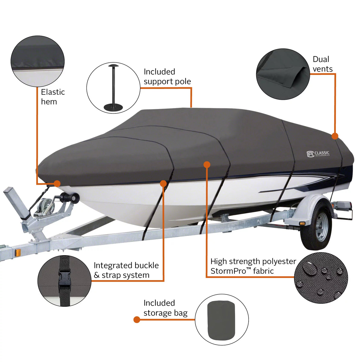 Heavy-Duty Boat Cover, Fits 16 ft - 18.5 ft long x 98 in wide B15892