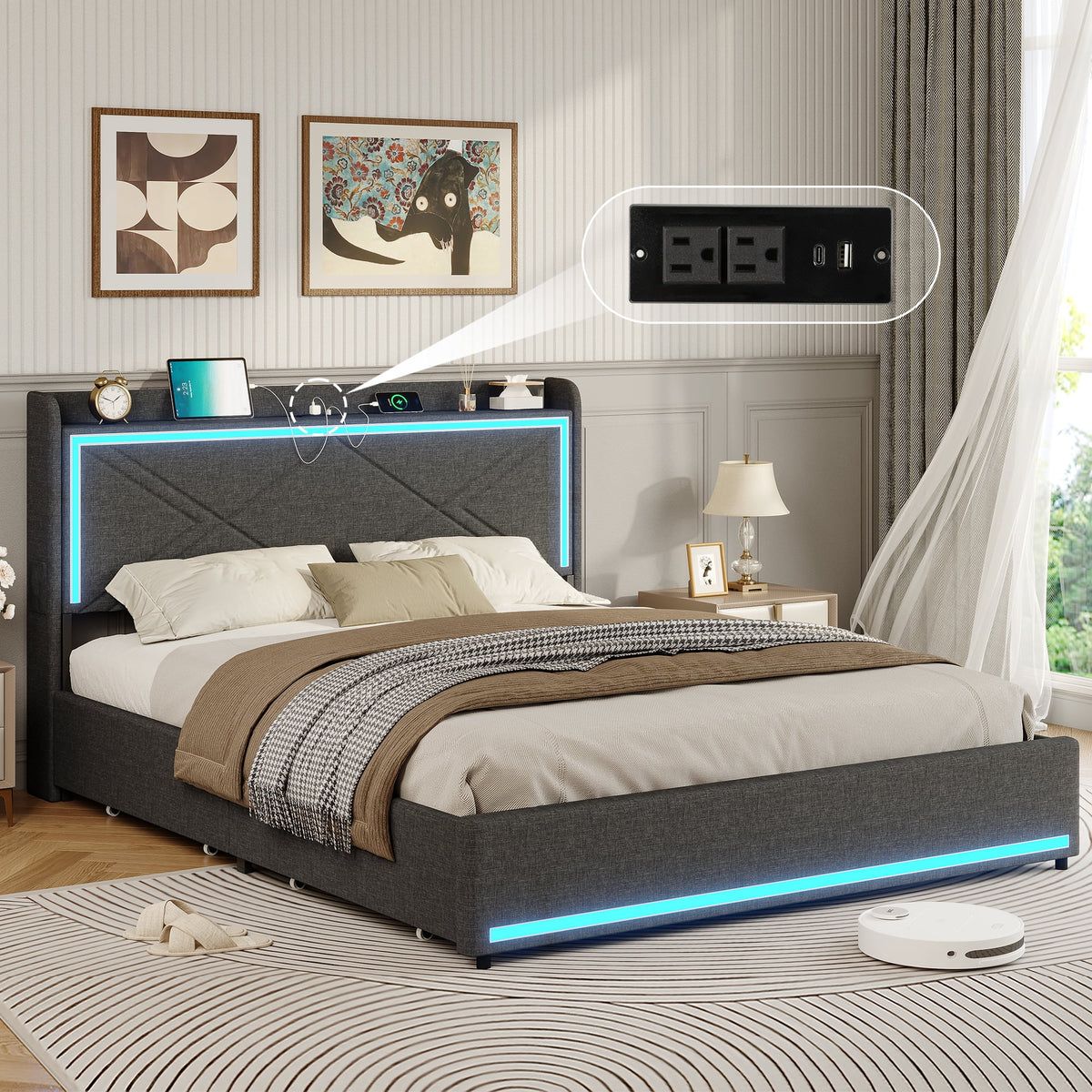 Queen Bed Frame with LED Lights Headboard and Charging Station, Upholstered Platform Bed with Storage Drawers, Dark Gray B552472