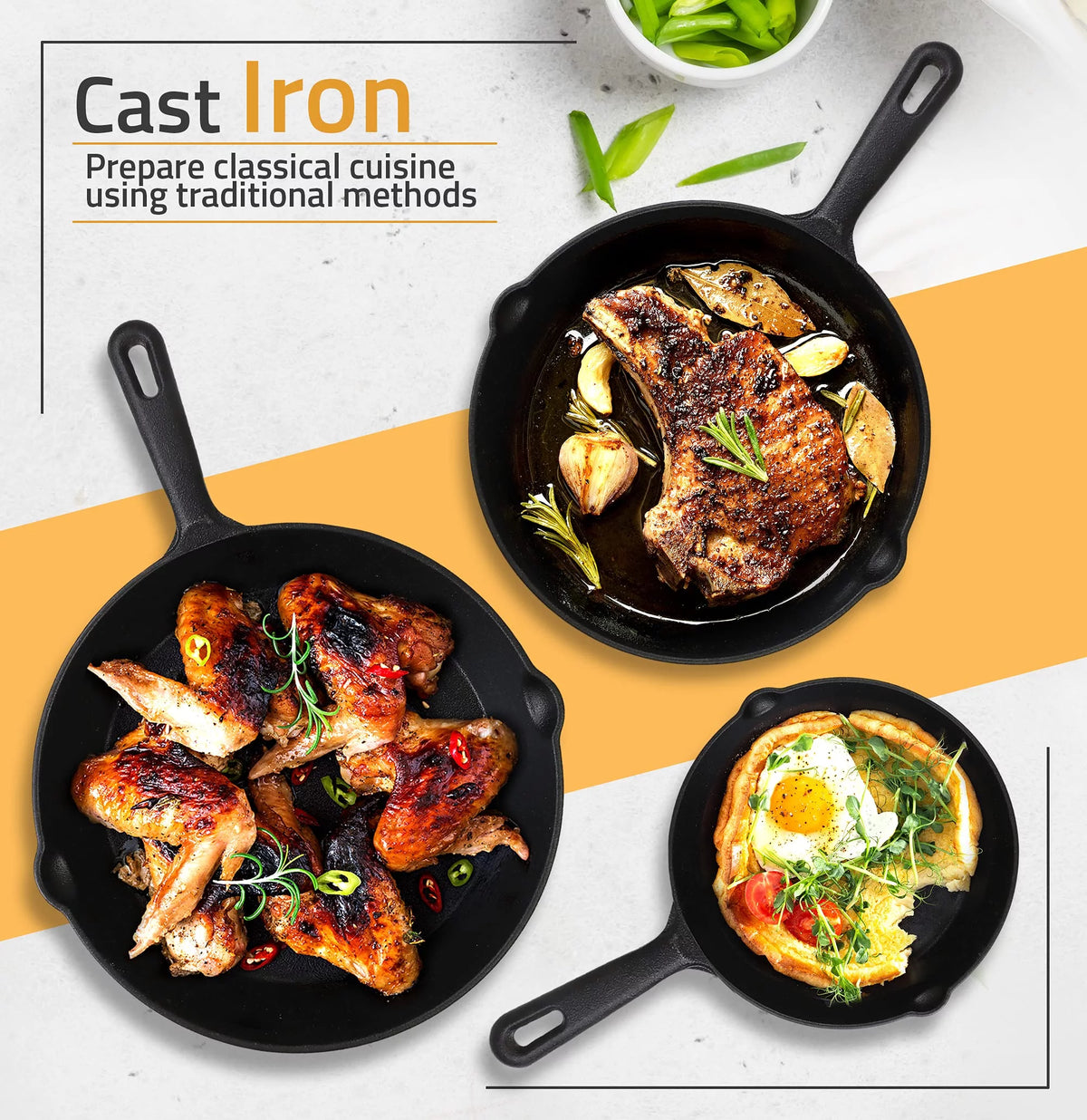 Pre Seasoned Cast Iron Skillet 3 Piece Set Black O64632