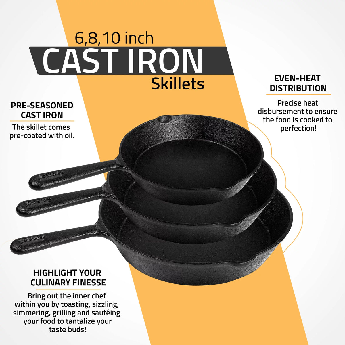 Pre Seasoned Cast Iron Skillet 3 Piece Set Black O64632