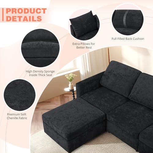Blue Chenille 3-Seater Sectional Sofa with Ottoman F809