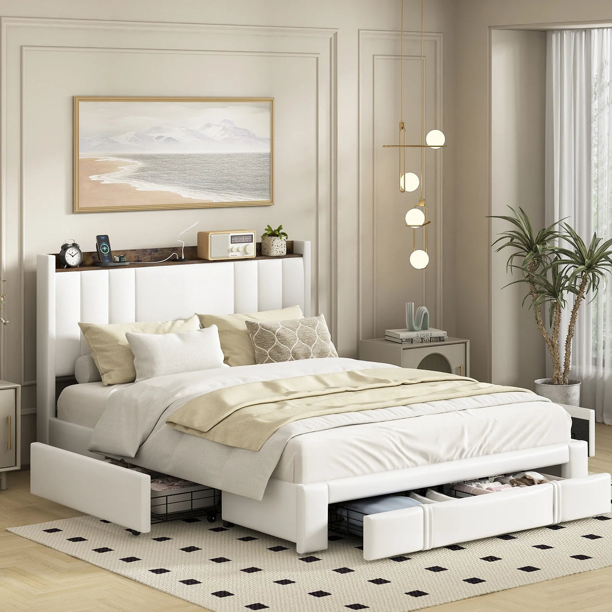 Faux Leather Upholstered Queen Bed Frame with Storage Headboard F1007