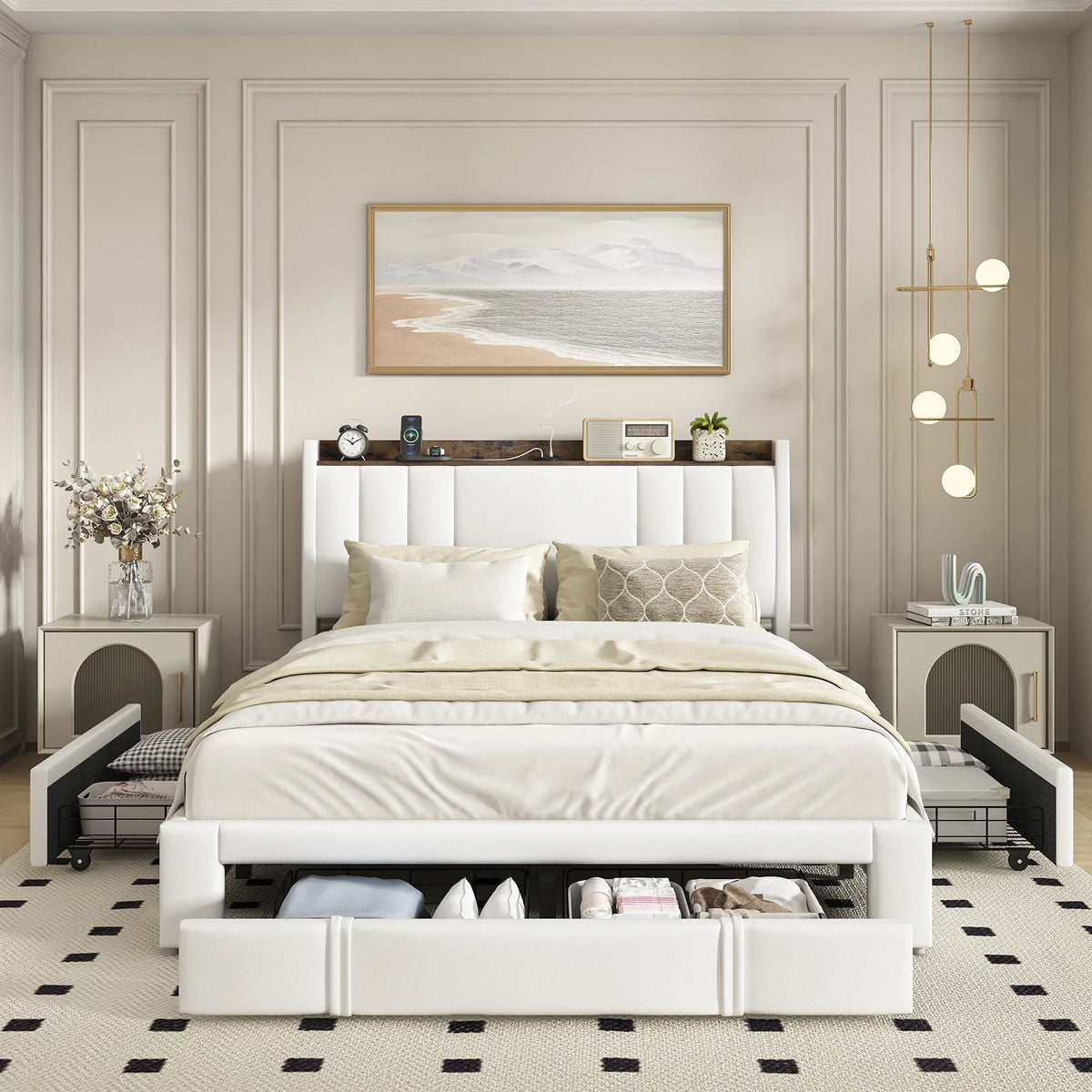 Faux Leather Upholstered Queen Bed Frame with Storage Headboard F1007