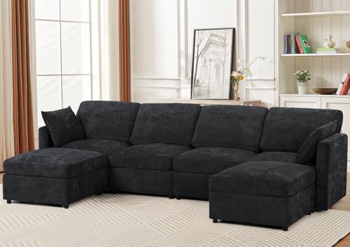 Blue Chenille 3-Seater Sectional Sofa with Ottoman F809