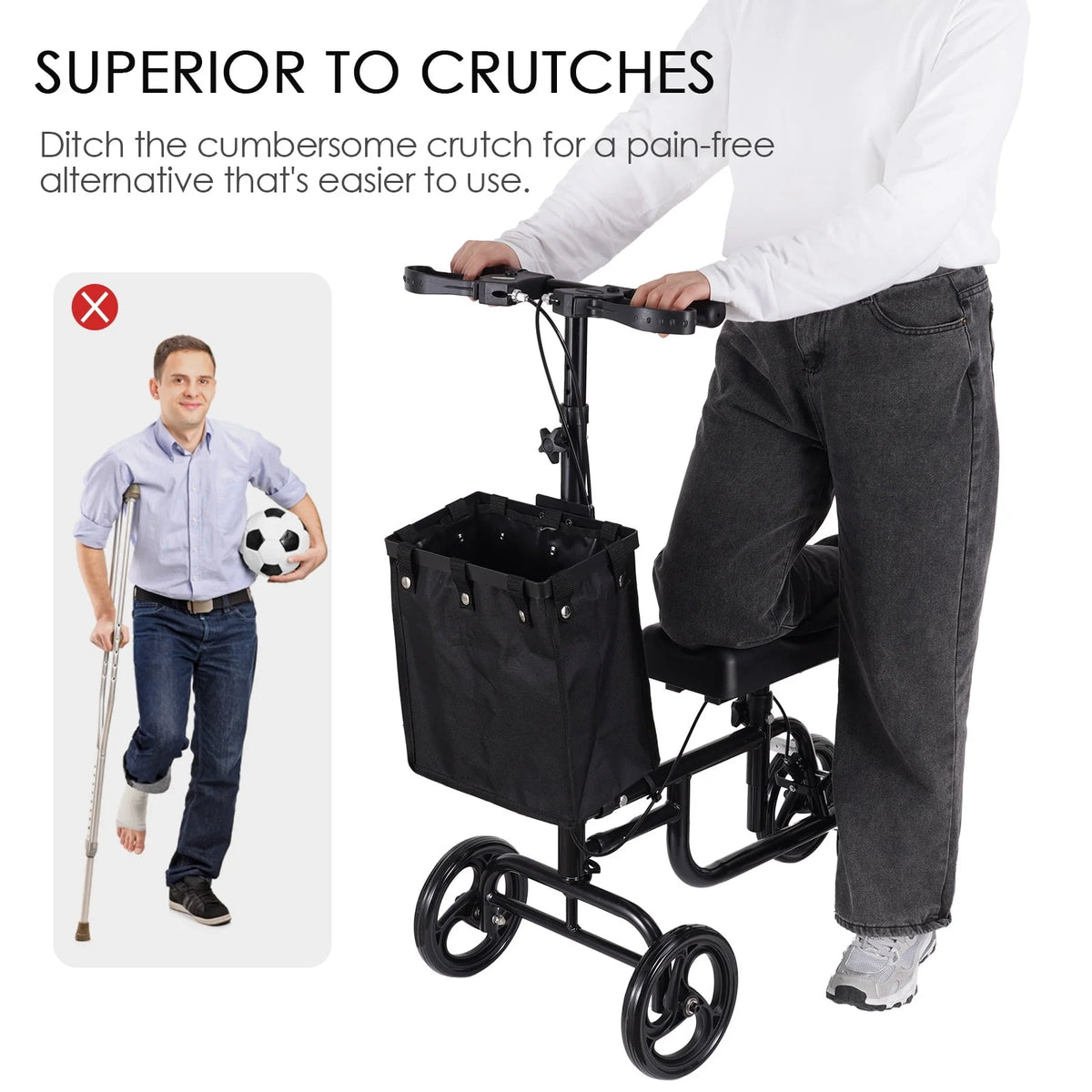 Steerable Knee Walker with Dual Braking System & Storage Basket L3662