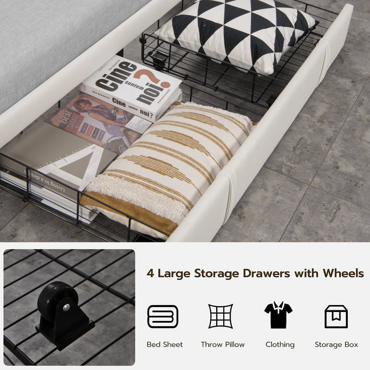 Faux Leather Upholstered Queen Bed Frame with Storage Headboard F1007