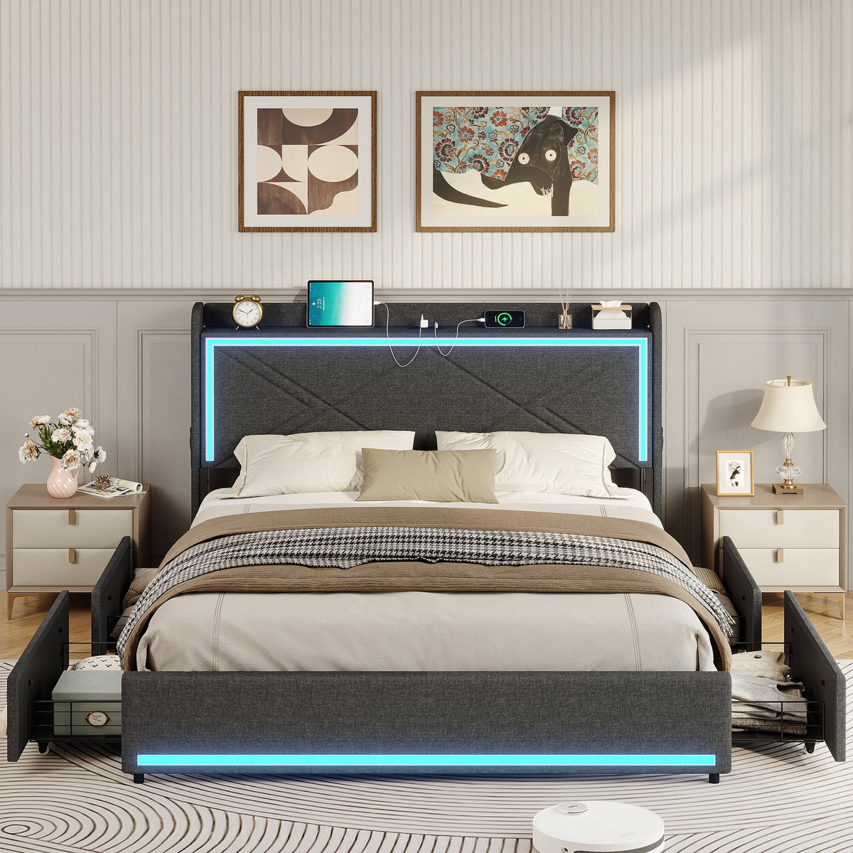 Queen Bed Frame with LED Lights Headboard and Charging Station, Upholstered Platform Bed with Storage Drawers, Dark Gray B552472