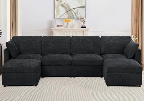 Blue Chenille 3-Seater Sectional Sofa with Ottoman F809